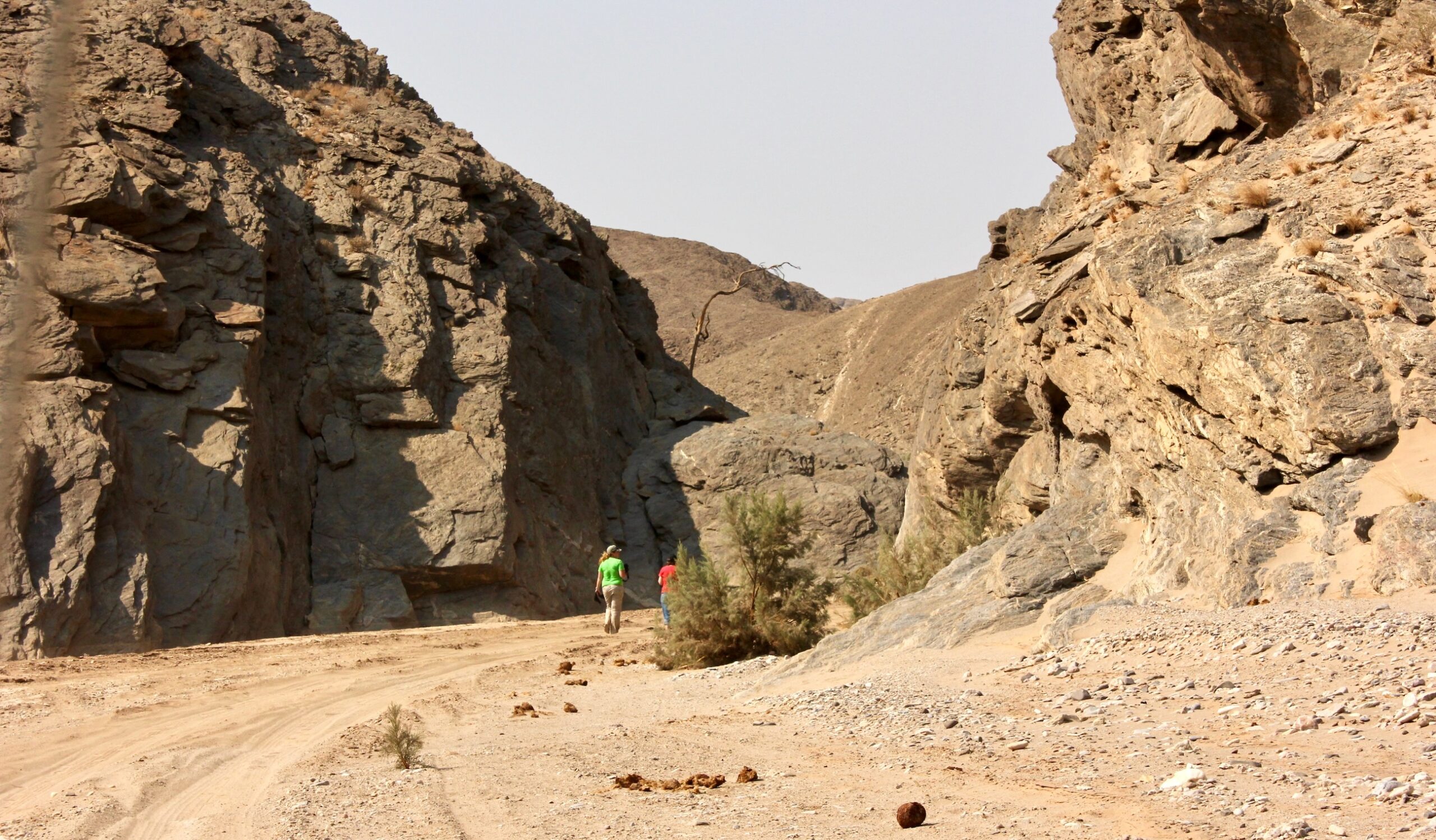 Two people walk along a narrow sandy riverbed between towering rock walls.