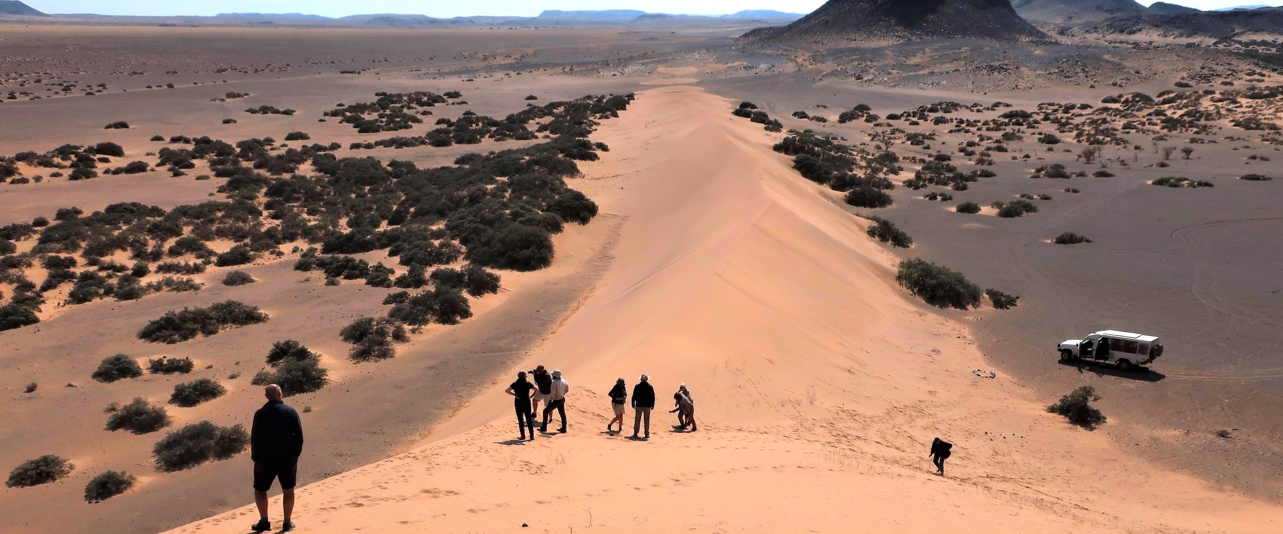 A group of tourists stand on a sandy ridge in the remote and beautiful north western desert.
